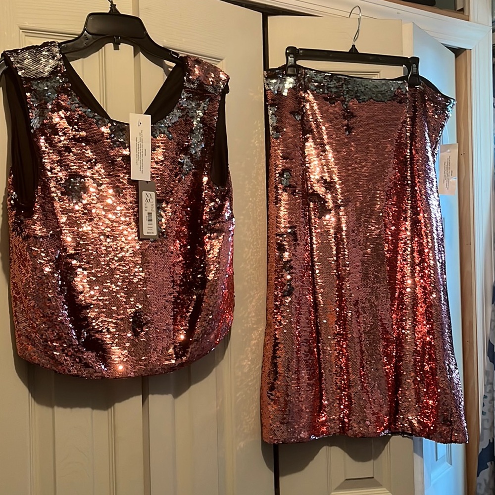 NWT EVA MENDES TWO PIECE SEQUINS PINK SET SIZE XL TOP AND BOTTOM XL
